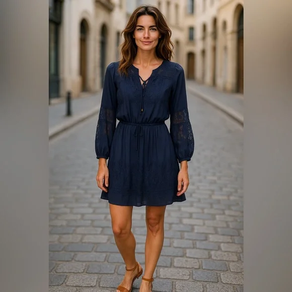 Xhilaration Navy Blue Chiffon Lace Detail Dress Size Medium NWT - Picture 2 of 4